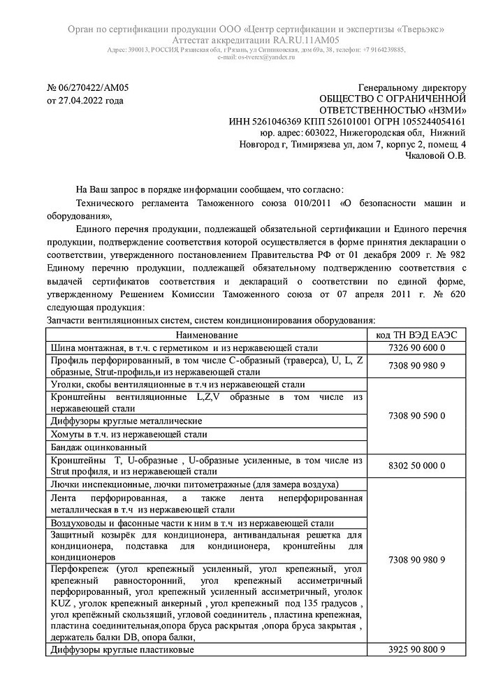 Отказное письмо на продукцию - кронштейны для кондиционеров (НЗМИ)